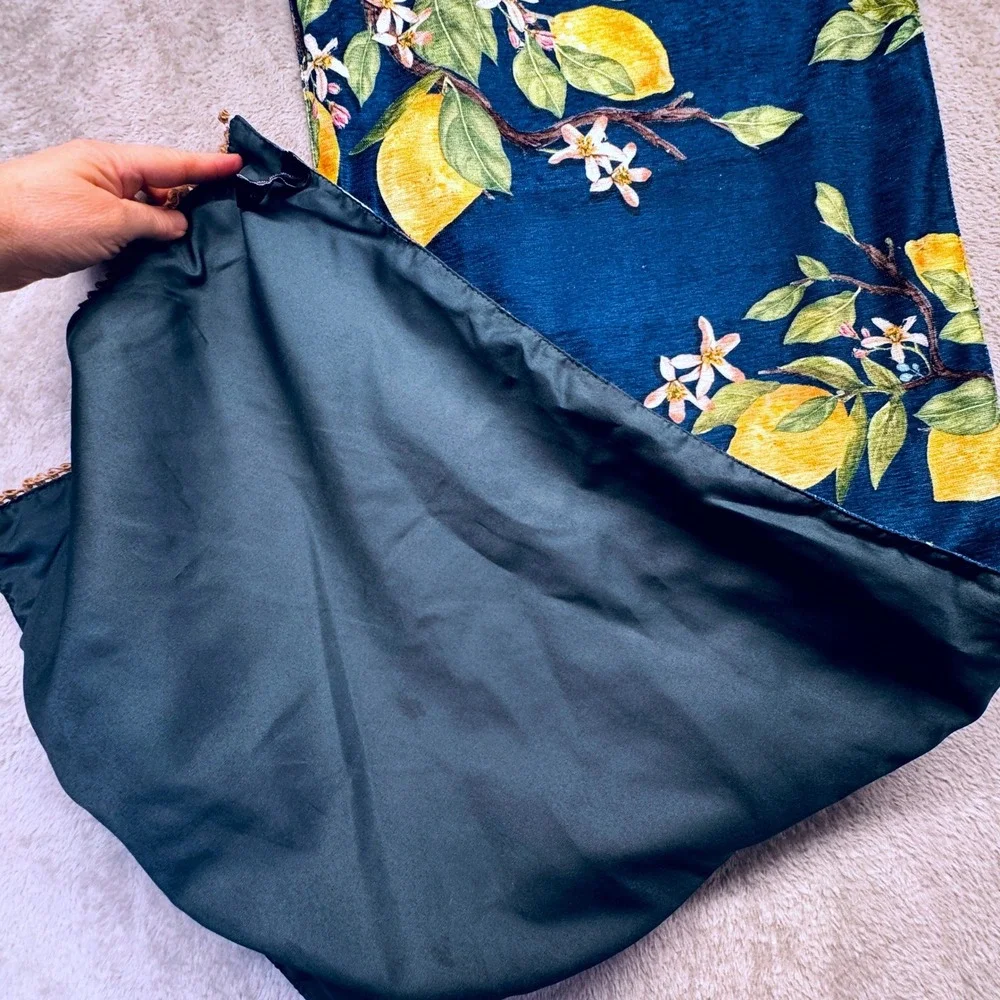 Nicole Miller Home Citrus Fruit‎ Table Runner Lemon Boho Floral Navy Cottagecore